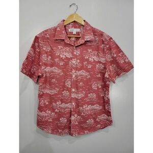 Old Navy Mens Slim Fit Tropical Island Print Cotton Short Sleeve Shirt Red L